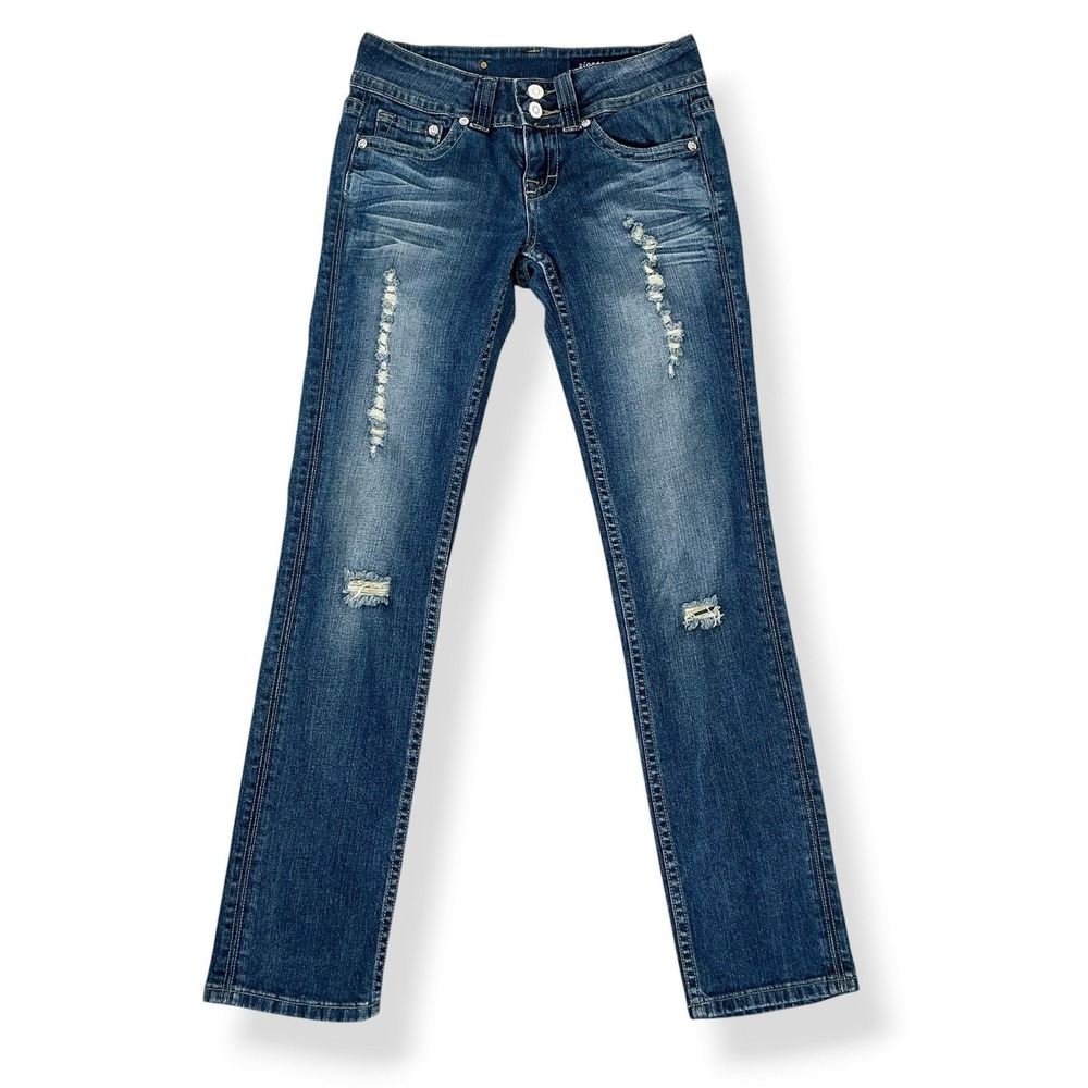Vigoss Jeans Women Size 1 (27x29) Blue‎ Flap Pockets Distressed Slim Straight